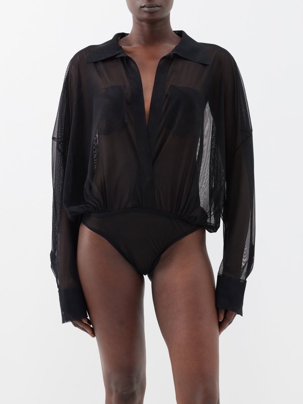 Norma Kamali Oversized V-neck mesh shirt bodysuit
