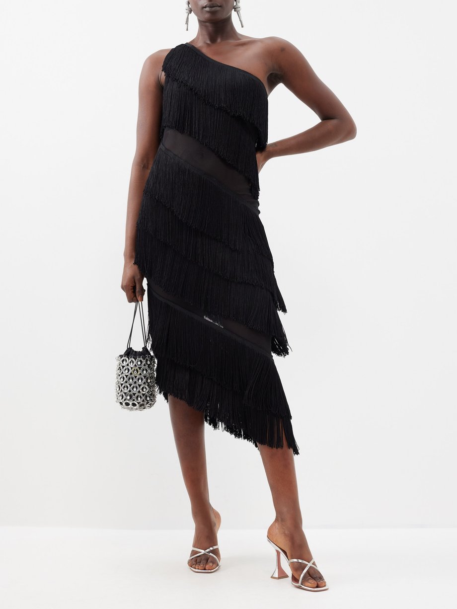 Black Fringed one-shoulder jersey midi dress | Norma Kamali | MATCHES UK