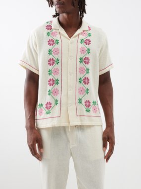 HARAGO Floral cross-stitched cotton shirt