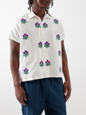 HARAGO Floral-embroidered linen shirt