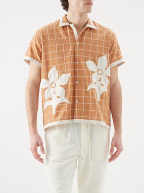 HARAGO Floral-appliqué checked-cotton shirt