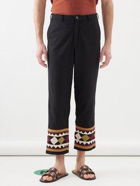 HARAGO Geometric-appliqué cotton trousers