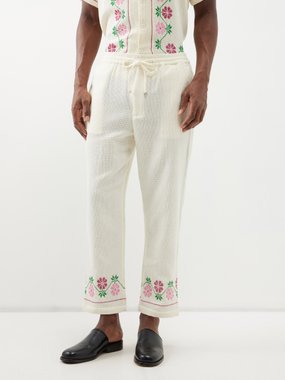 HARAGO Floral cross-stitched cotton trousers