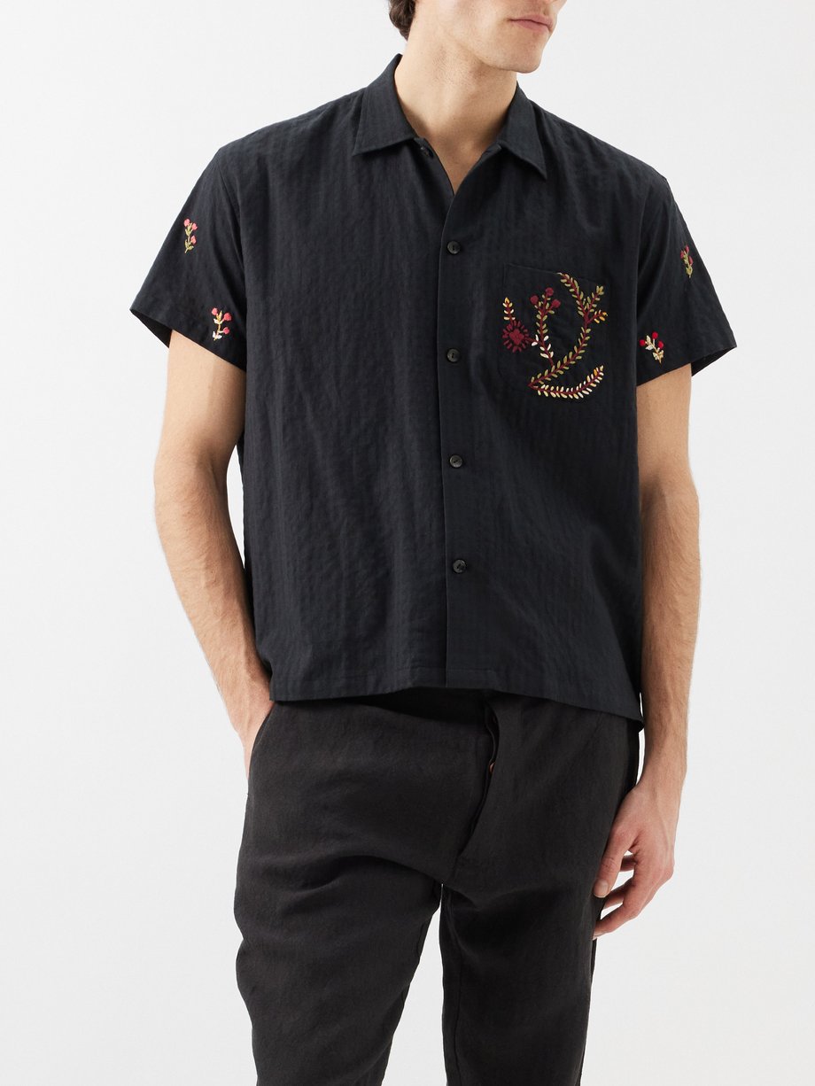HARAGO Rose-embroidered cotton shirt