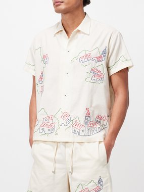 HARAGO House Scene-embroidered cotton-canvas shirt