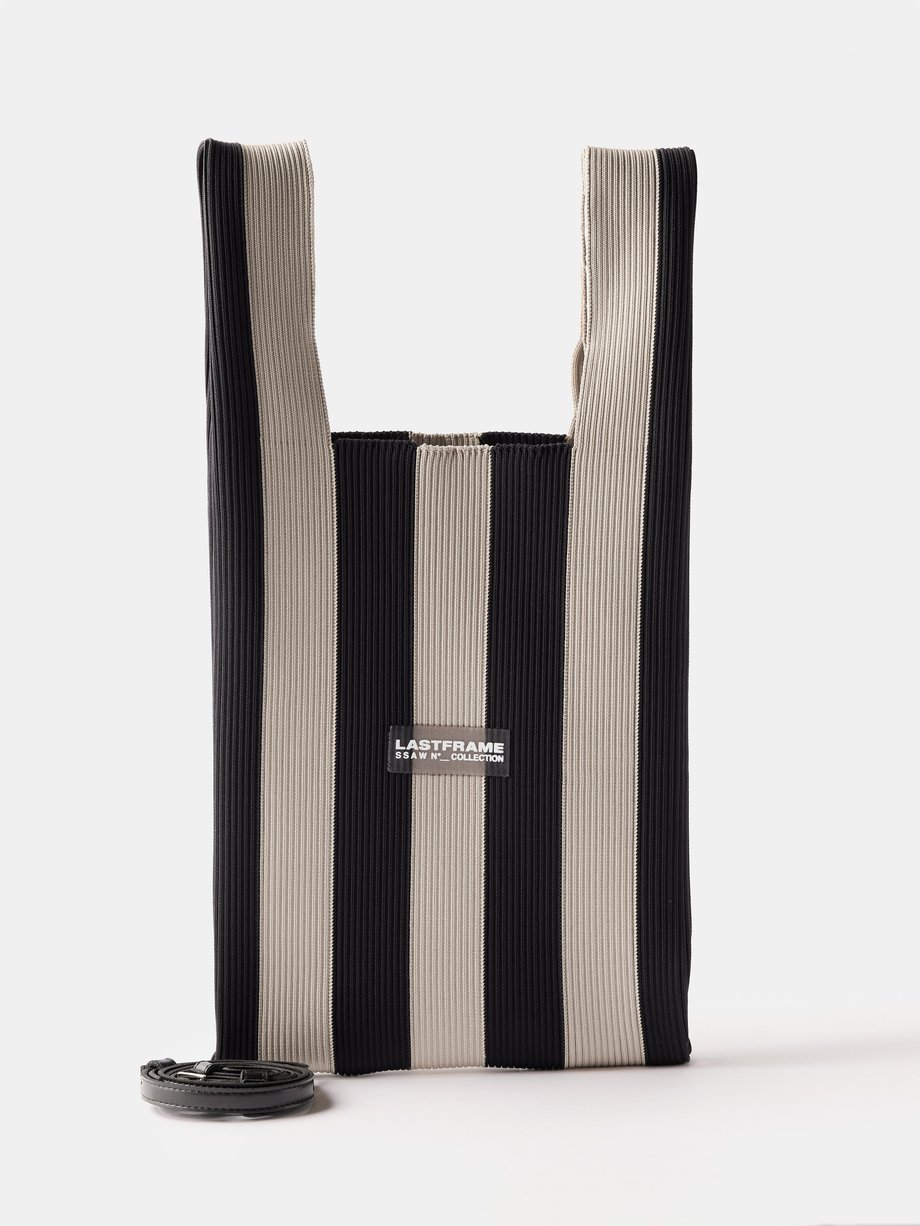 Black Ichimatsu medium striped knit tote bag | LASTFRAME