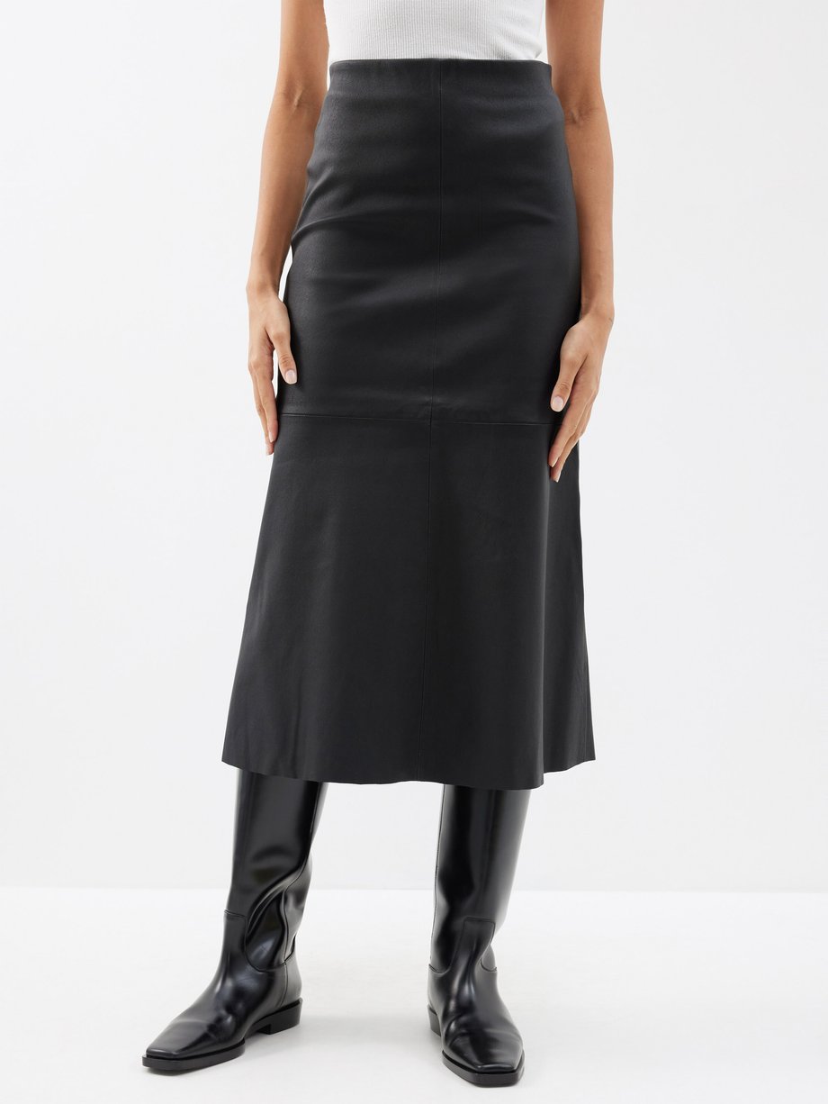 Black Simoas A-line leather midi skirt | By Malene Birger | MATCHES UK