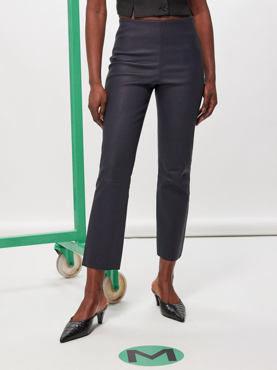 Navy Leather Trousers With Front Stitching Detail