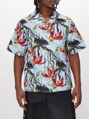 Prada Tropical-print short-sleeved cotton-poplin shirt