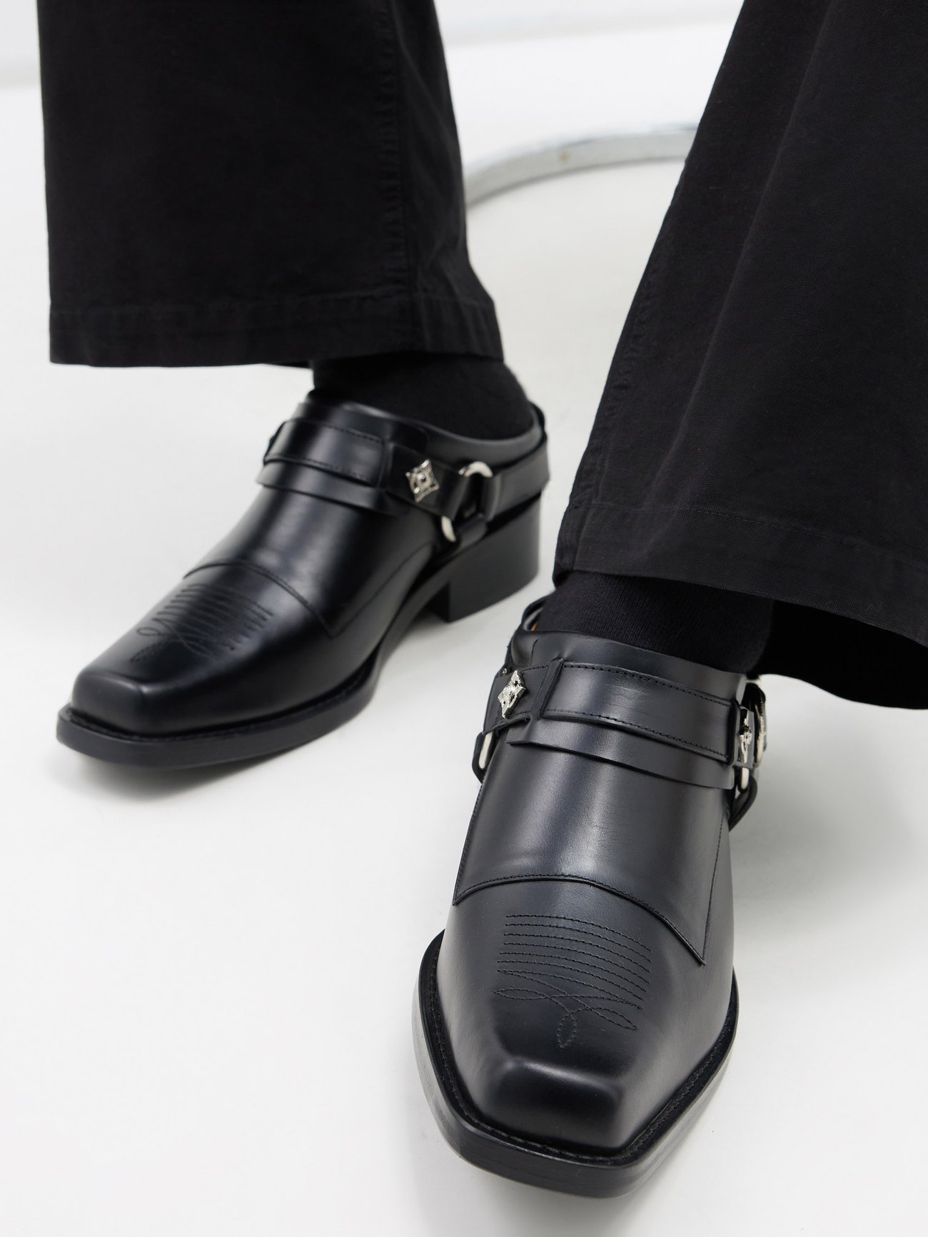 Harness square-toe leather boots