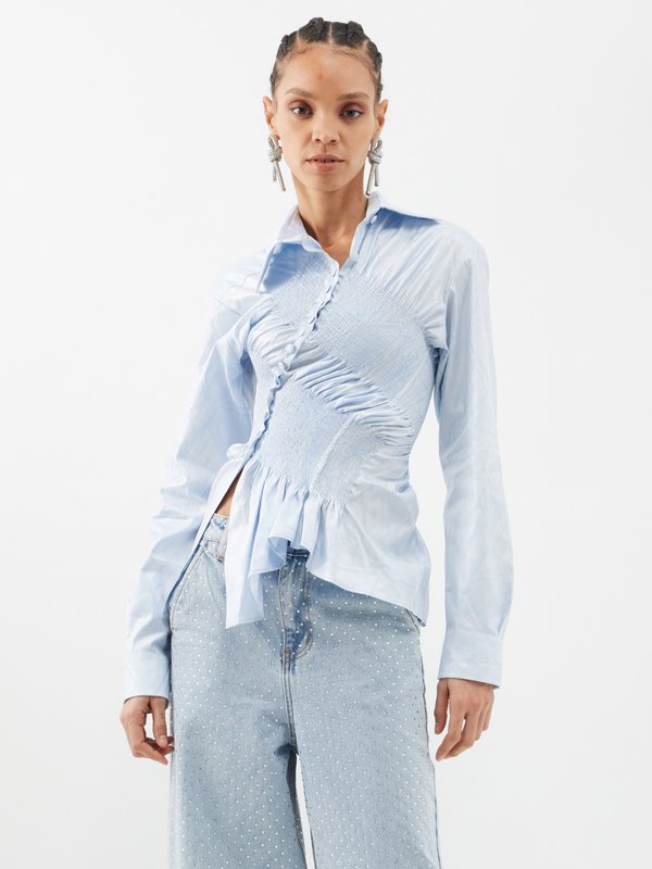 Blue Twisted-front shirred cotton-poplin shirt, Super Yaya