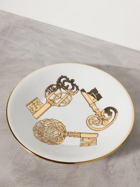 Fornasetti Chiavi and Losanghe gilded porcelain trinket dish