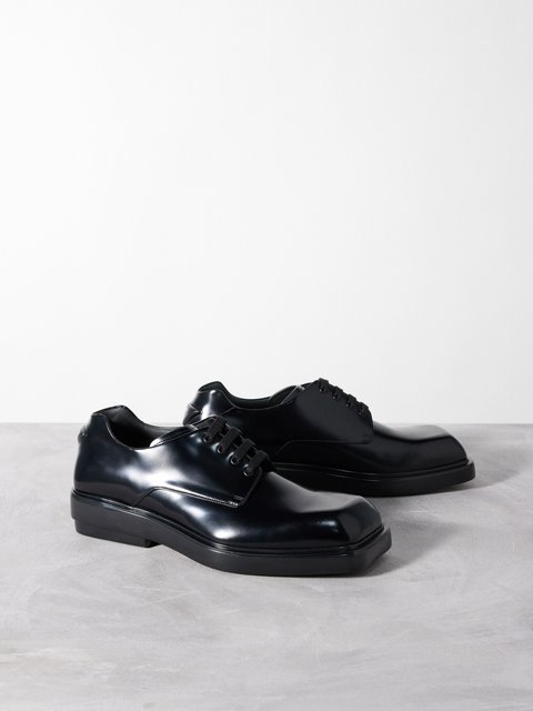 Black Square-toe polished-leather Derby shoes | Prada