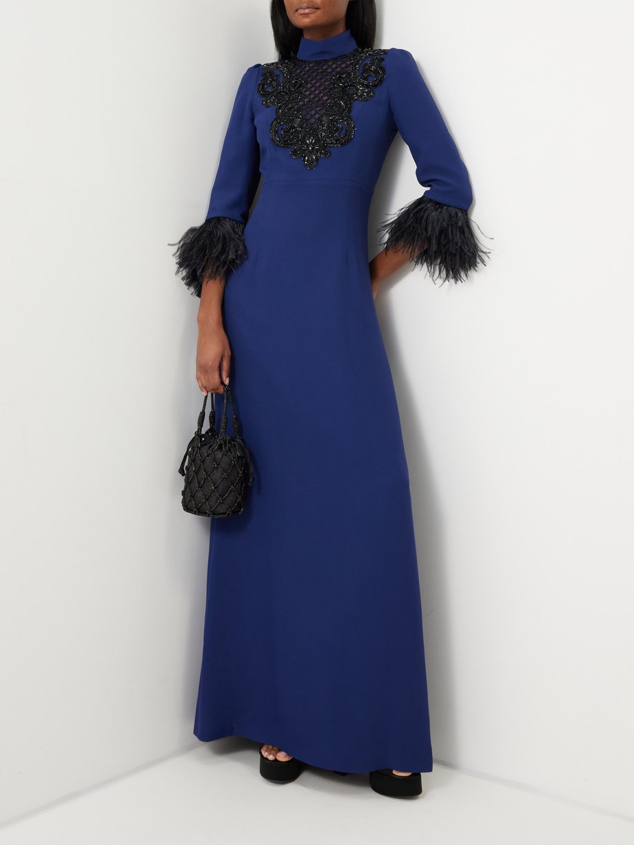 Navy Crystal-embellished feather-trim gown | Andrew Gn | MATCHES UK