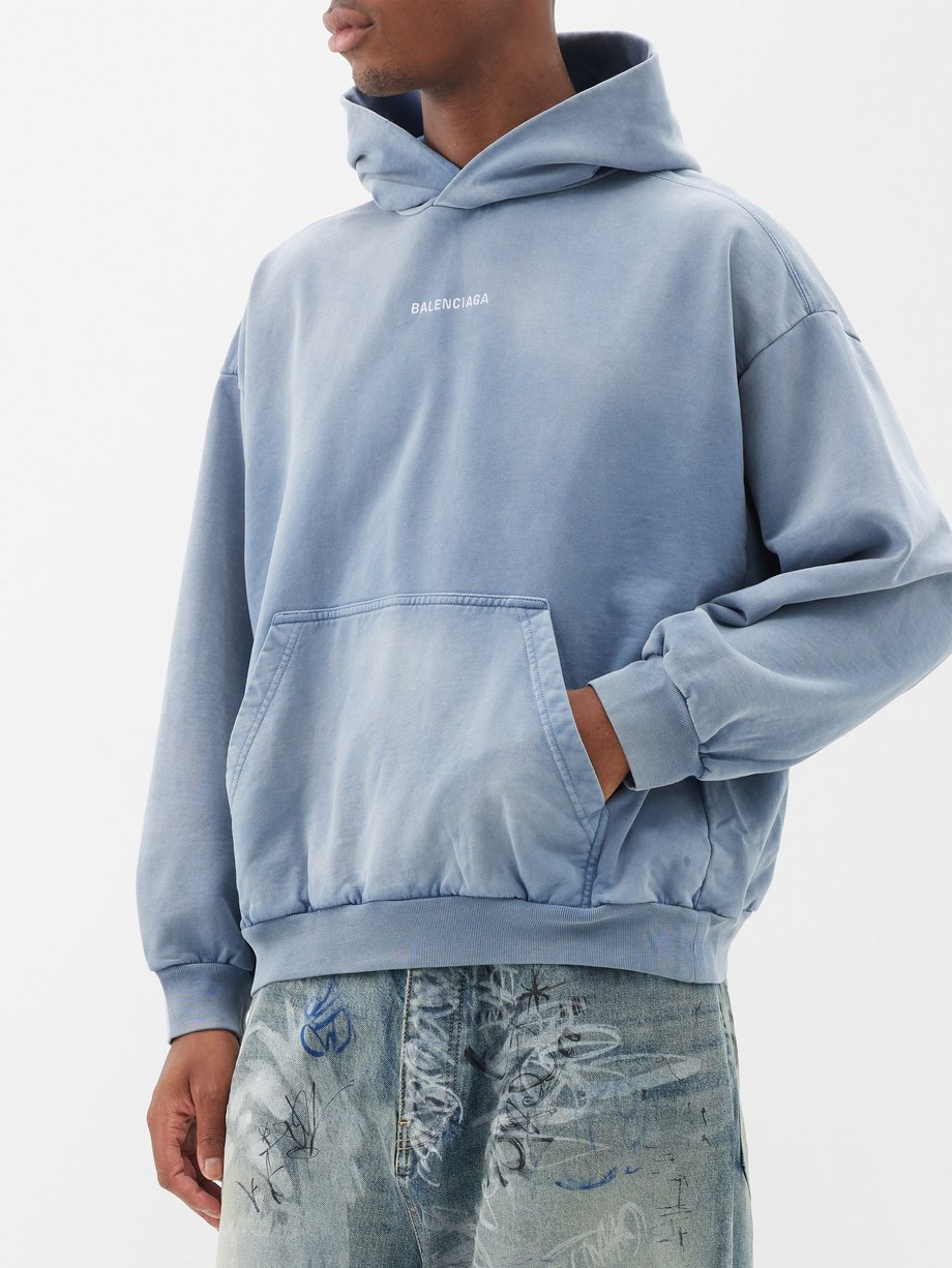 Blue Denim-washed cotton-jersey hoodie, Balenciaga