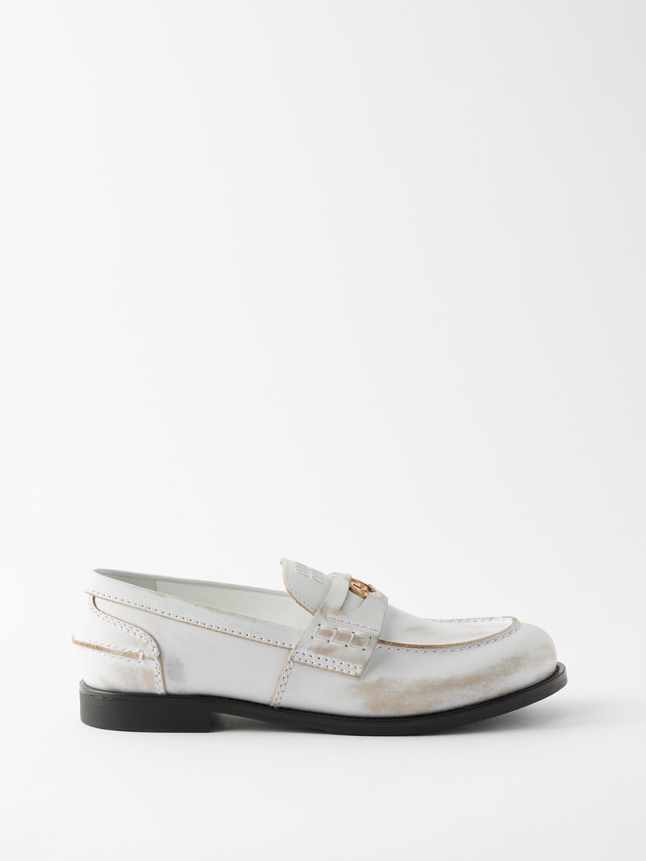 White Distressed leather penny loafers | Miu Miu | MATCHES UK