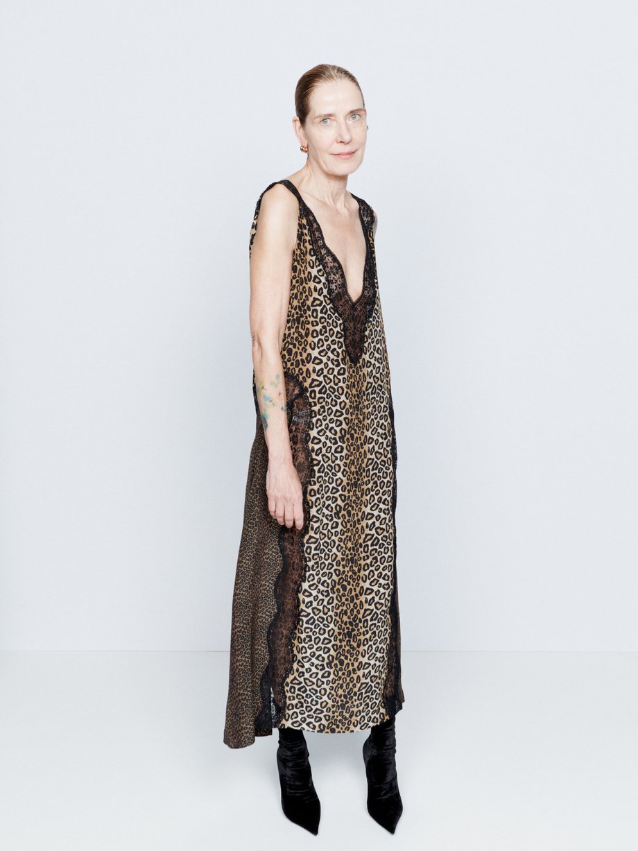 Brown Lace and leopard print satin slip dress, Raey