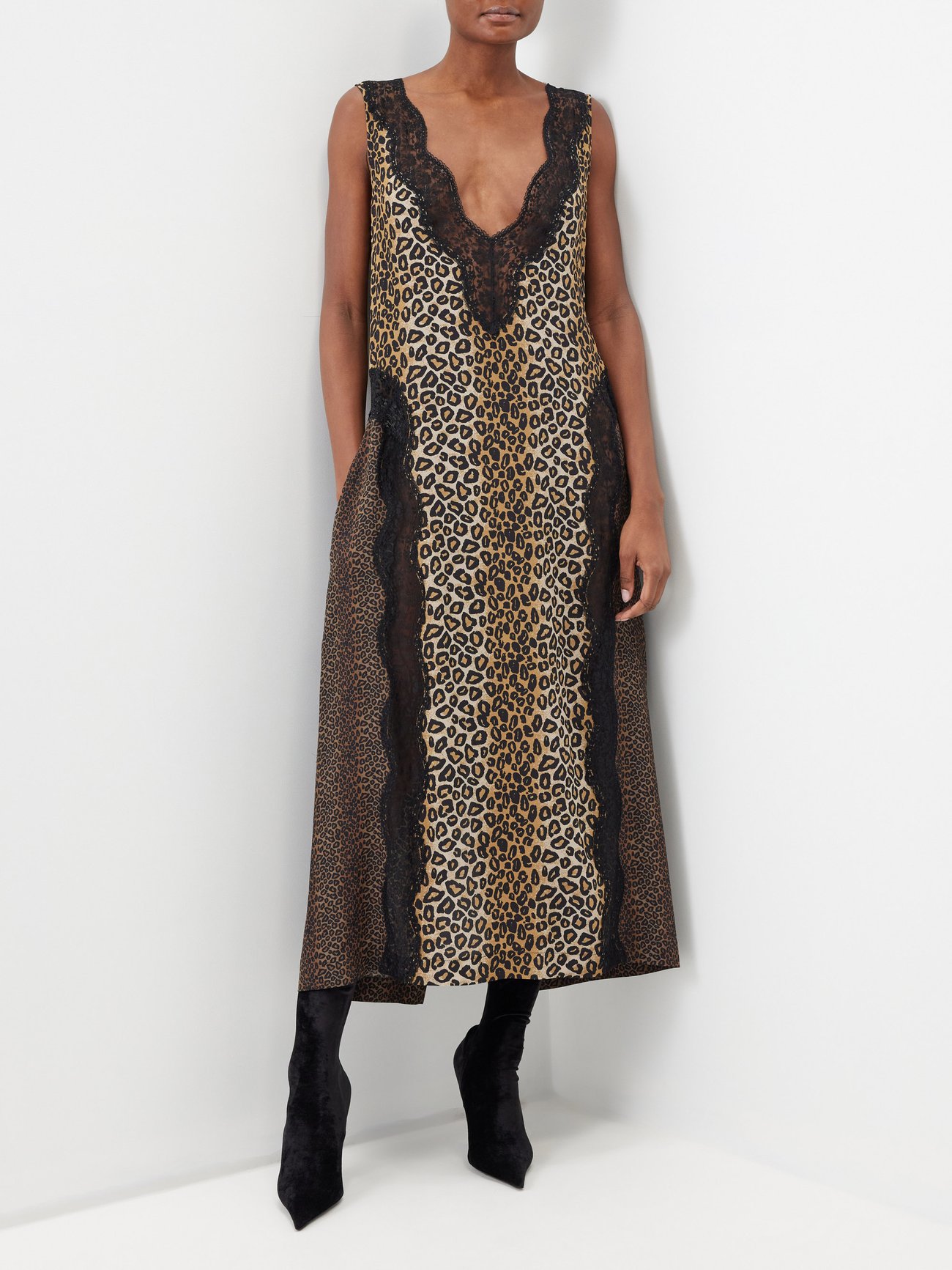 Brown Lace and leopard print satin slip dress, Raey