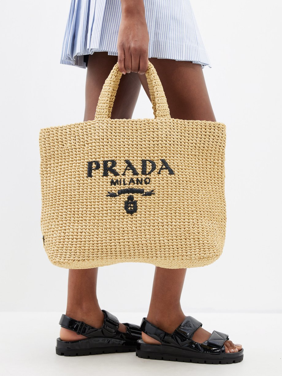 Beige Logo-embroidered woven faux-raffia tote bag | Prada ...