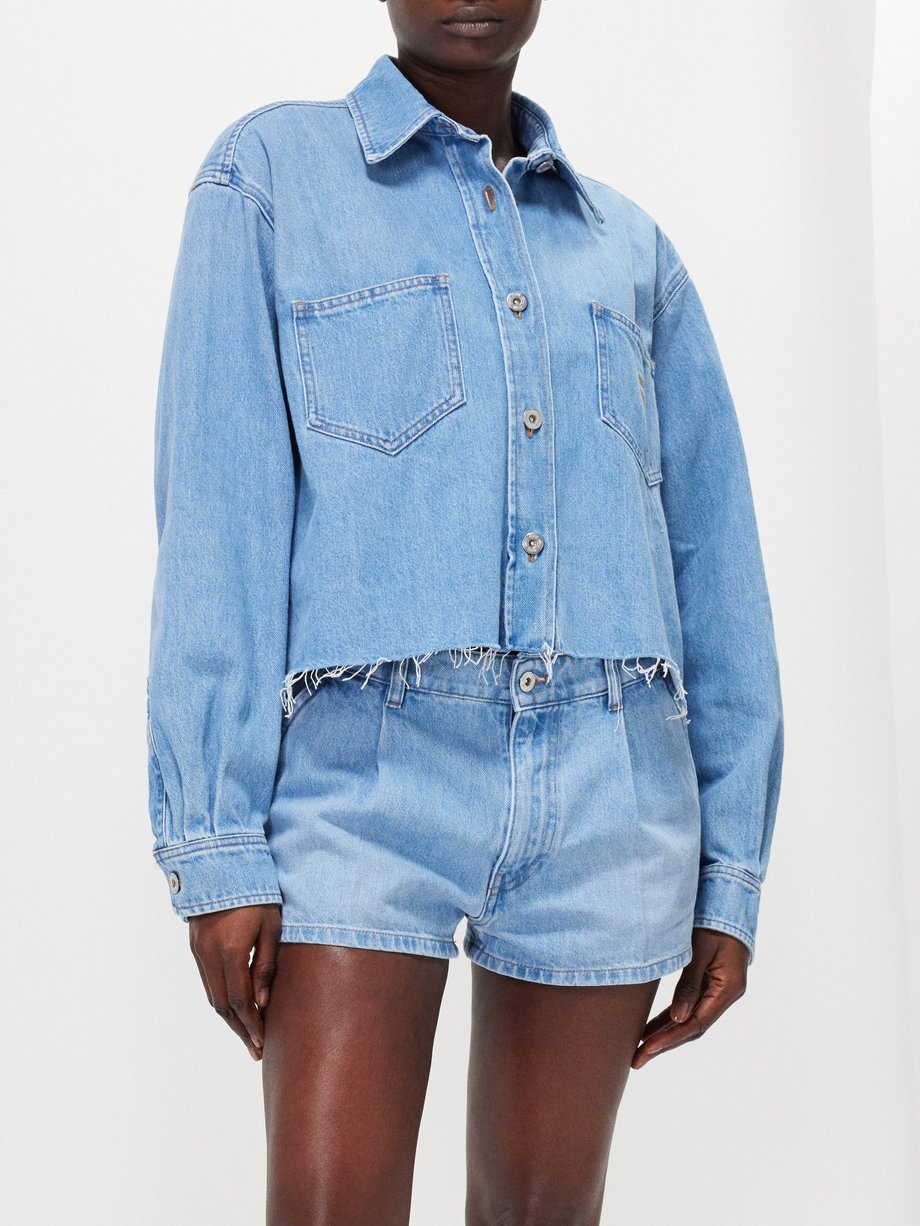 Blue Frayed-hem cotton-denim cropped jacket | Miu Miu | MATCHES UK