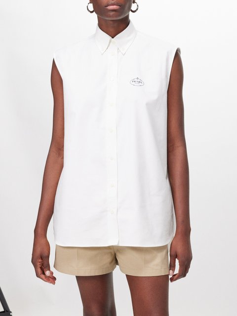 White Logo-embroidered sleeveless cotton-twill shirt, Prada