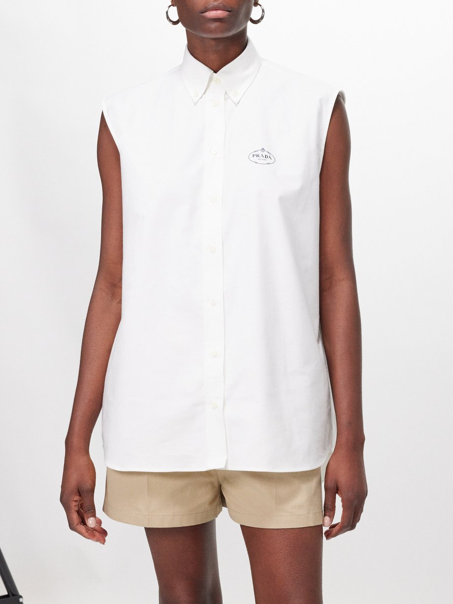 Prada Logo-embroidered sleeveless cotton-twill shirt