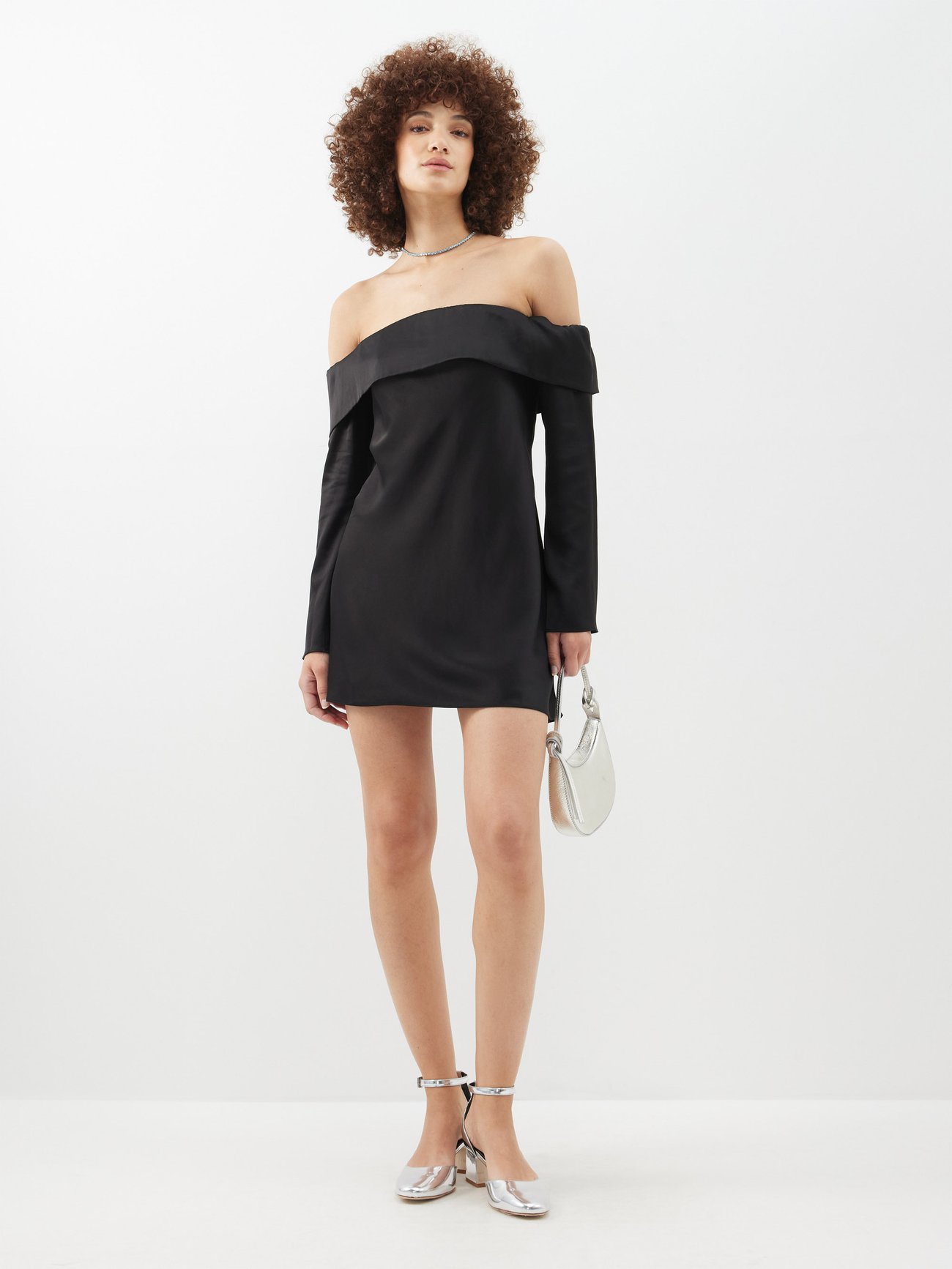 Black Maves off-the-shoulder satin mini dress | Reformation | MATCHES UK