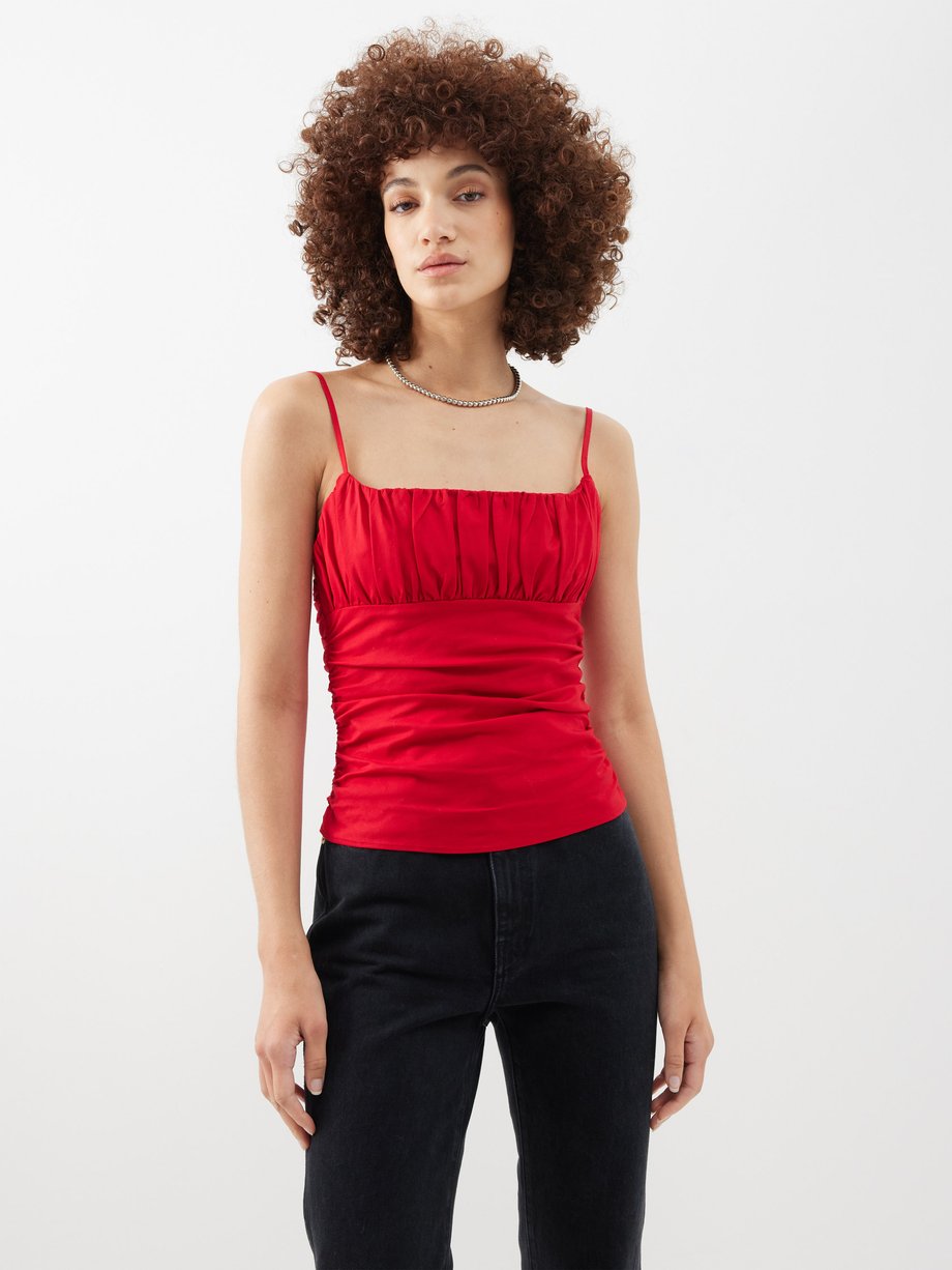 Red Tiana ruched cotton-blend poplin cami top, Reformation