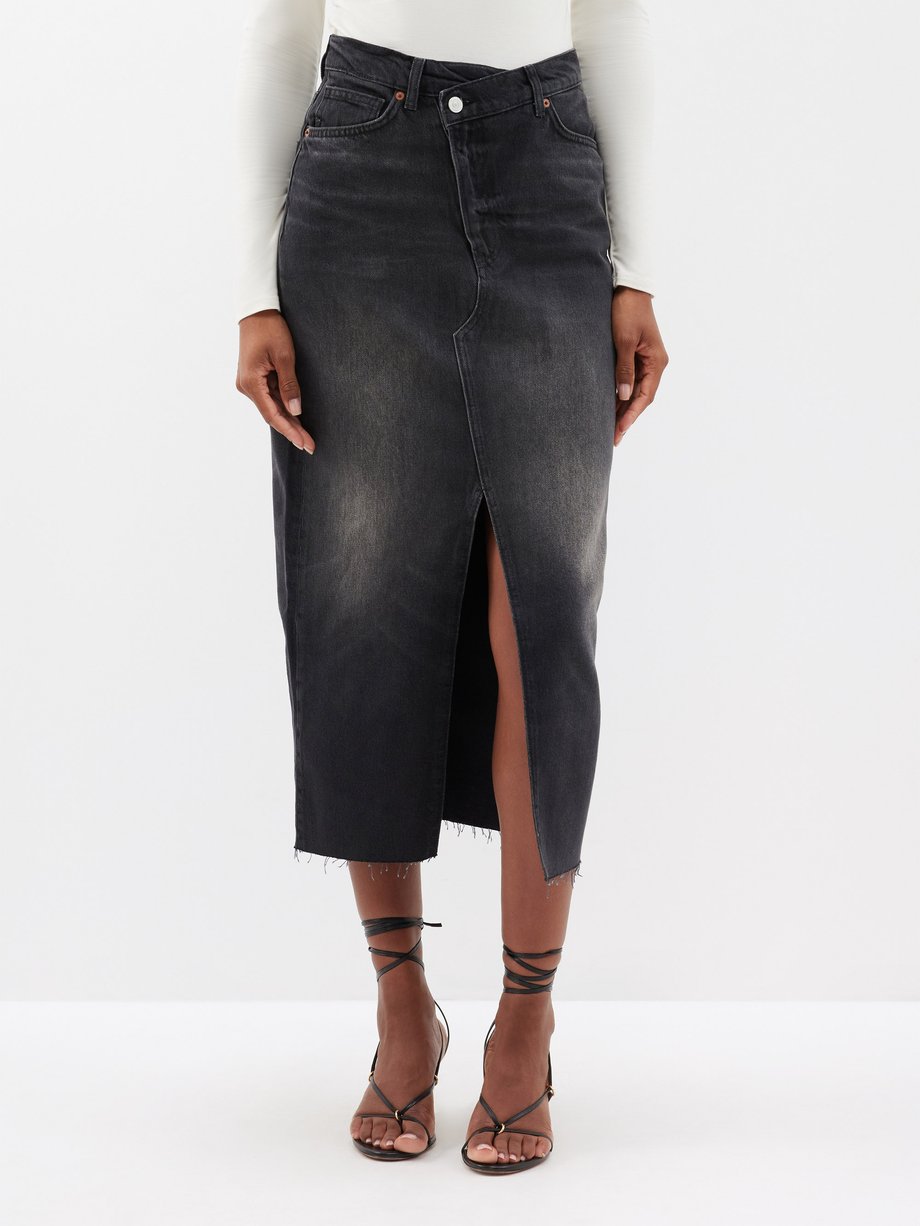 Black Nila split-front organic cotton-blend midi skirt | Reformation |  MATCHES UK
