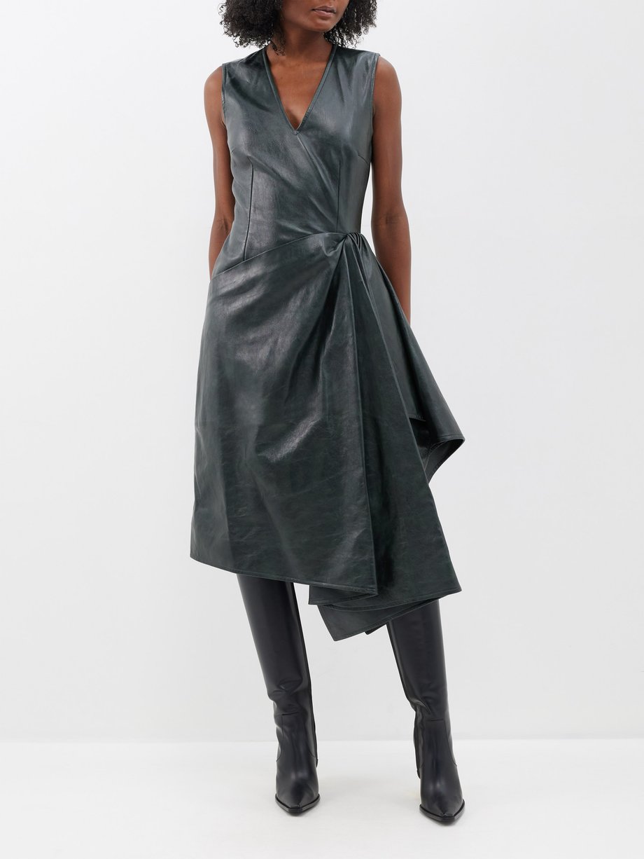 Green Asymmetric leather midi dress | Bottega Veneta | MATCHES UK