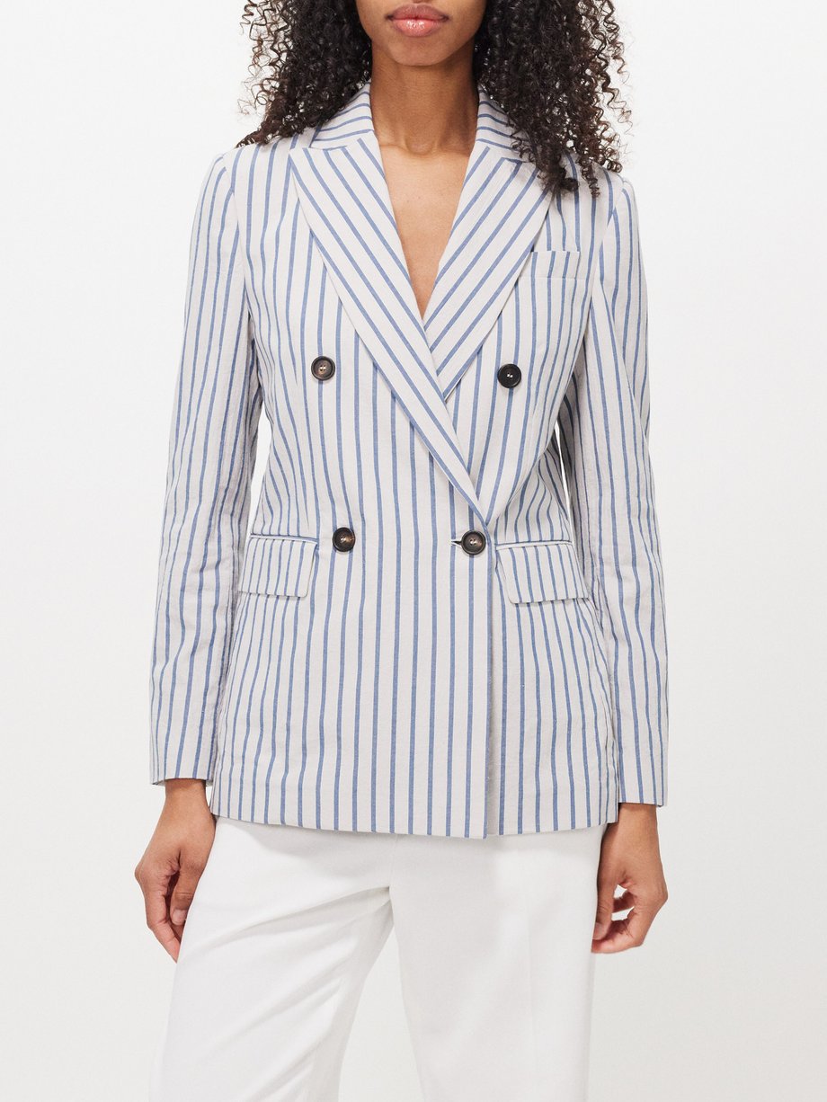 Brunello Cucinelli Double-breasted striped cotton-blend jacket