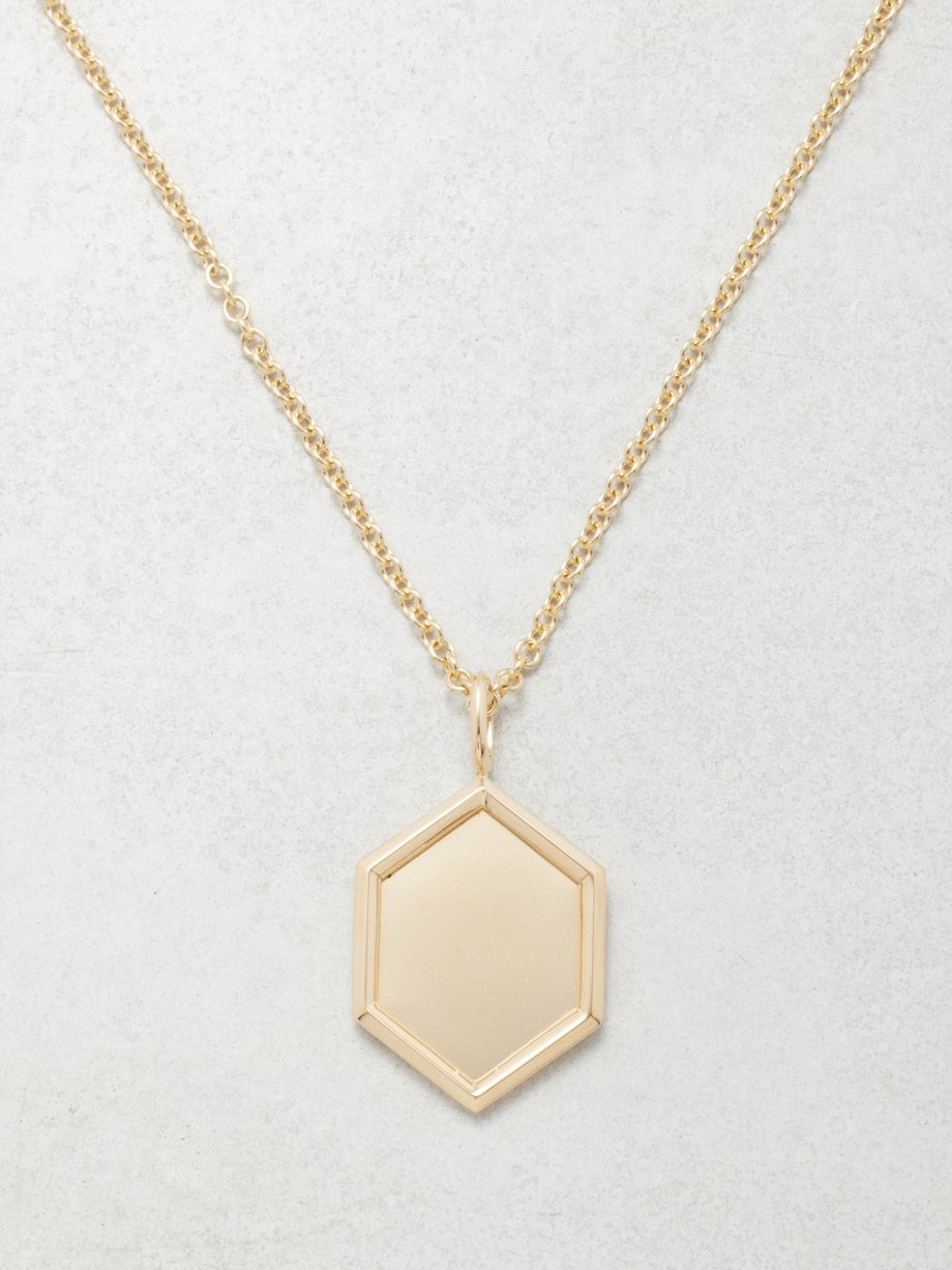 Gold Hexagon charm 18kt gold pendant necklace | Lizzie Mandler ...