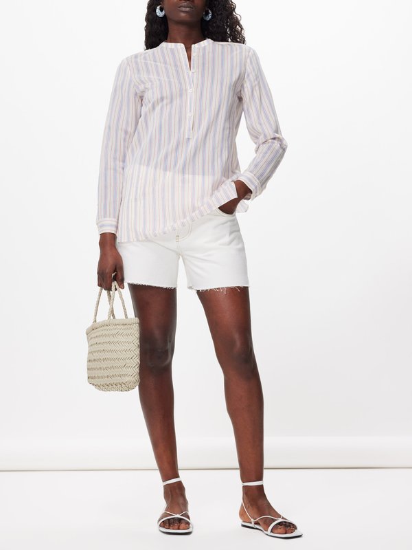 FRAME Collarless striped cotton-blend shirt