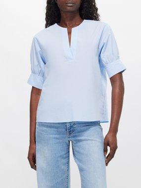 FRAME Gathered-sleeve organic cotton-blend blouse
