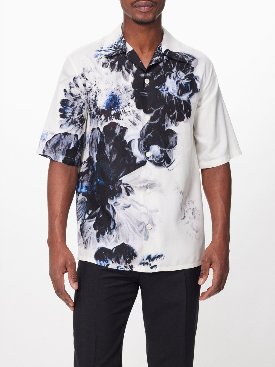 White Chiaroscuro-print silk short-sleeved shirt | Alexander McQueen ...