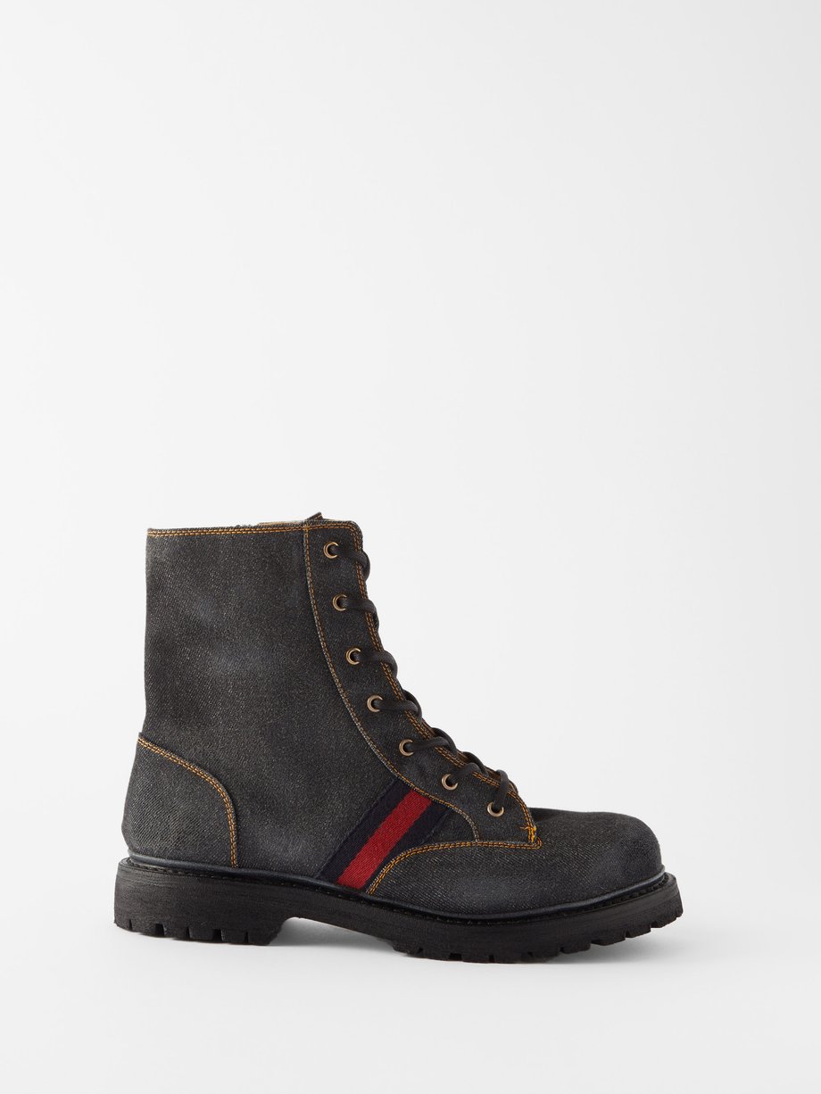 Grey Web-stripe denim boots, Gucci