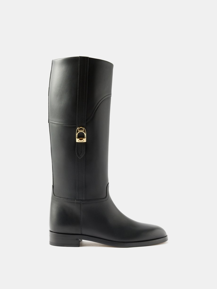Black Leather flat knee-high boots | Gucci | MATCHES UK