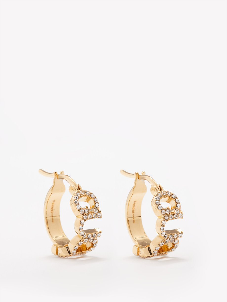 Gold Gucci script crystal-embellished hoop earrings | Gucci | MATCHES UK