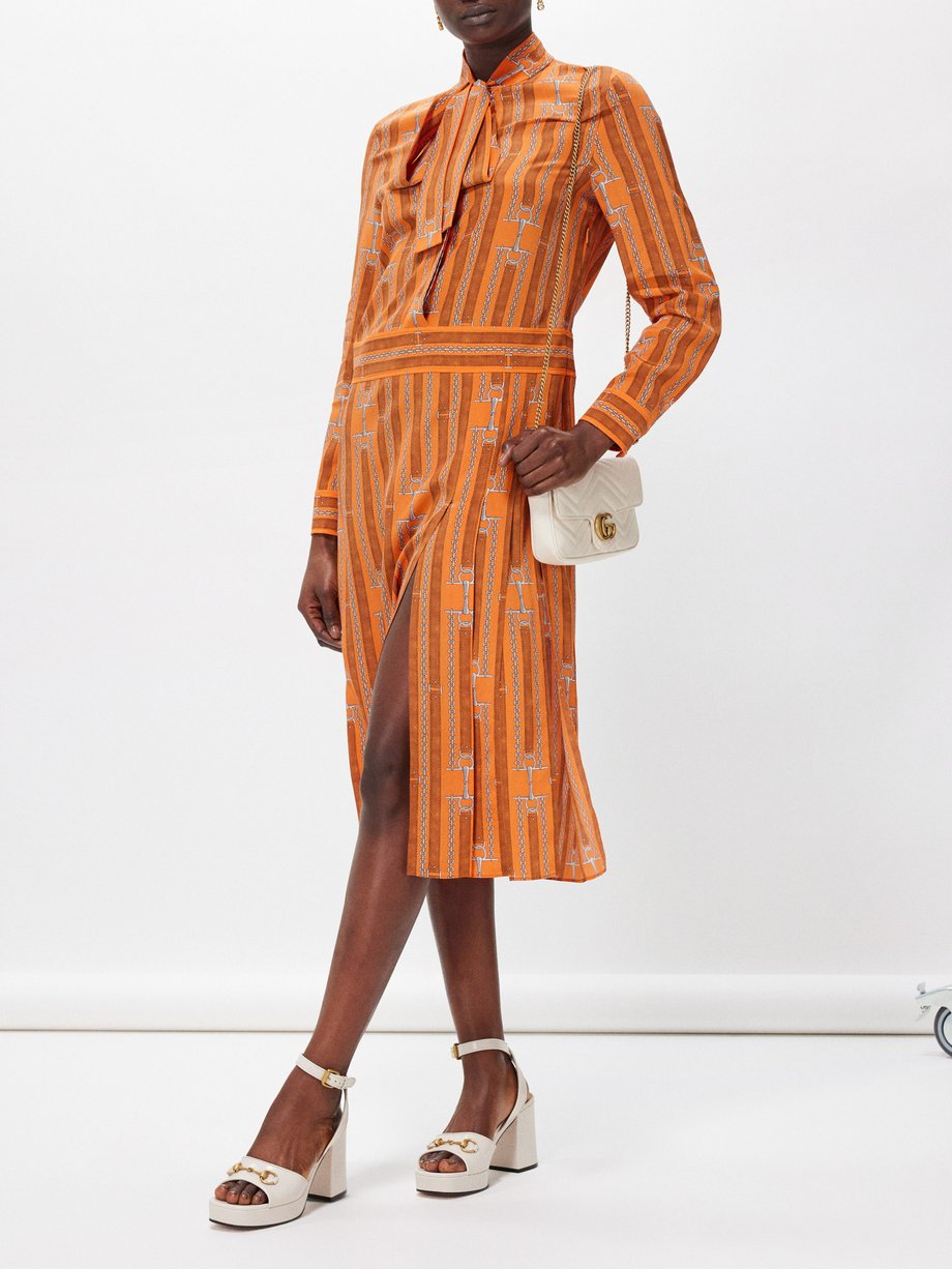 Orange Horsebit-print silk midi dress | Gucci | MATCHES UK