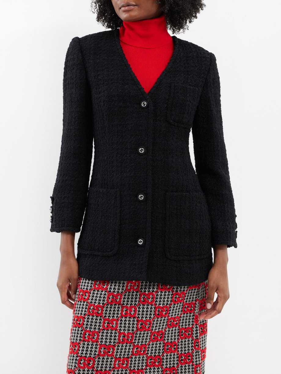 Black Collarless wool-blend bouclé-tweed jacket, Gucci