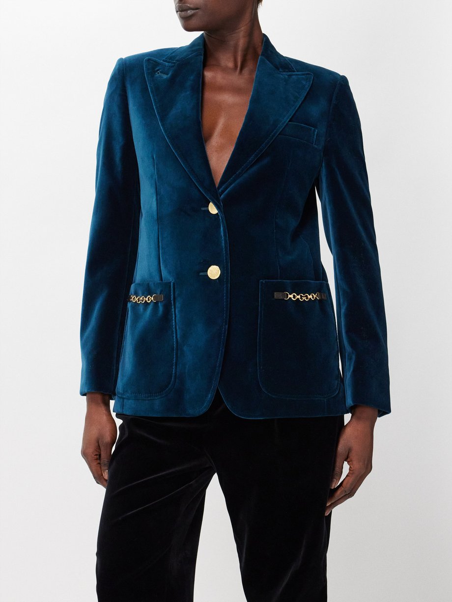 Navy Chain-embellished velvet tailored jacket | Gucci | MATCHES UK