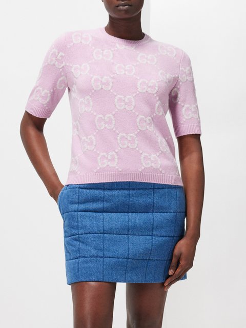 Pink GG crystal-embellished wool short-sleeved sweater | Gucci