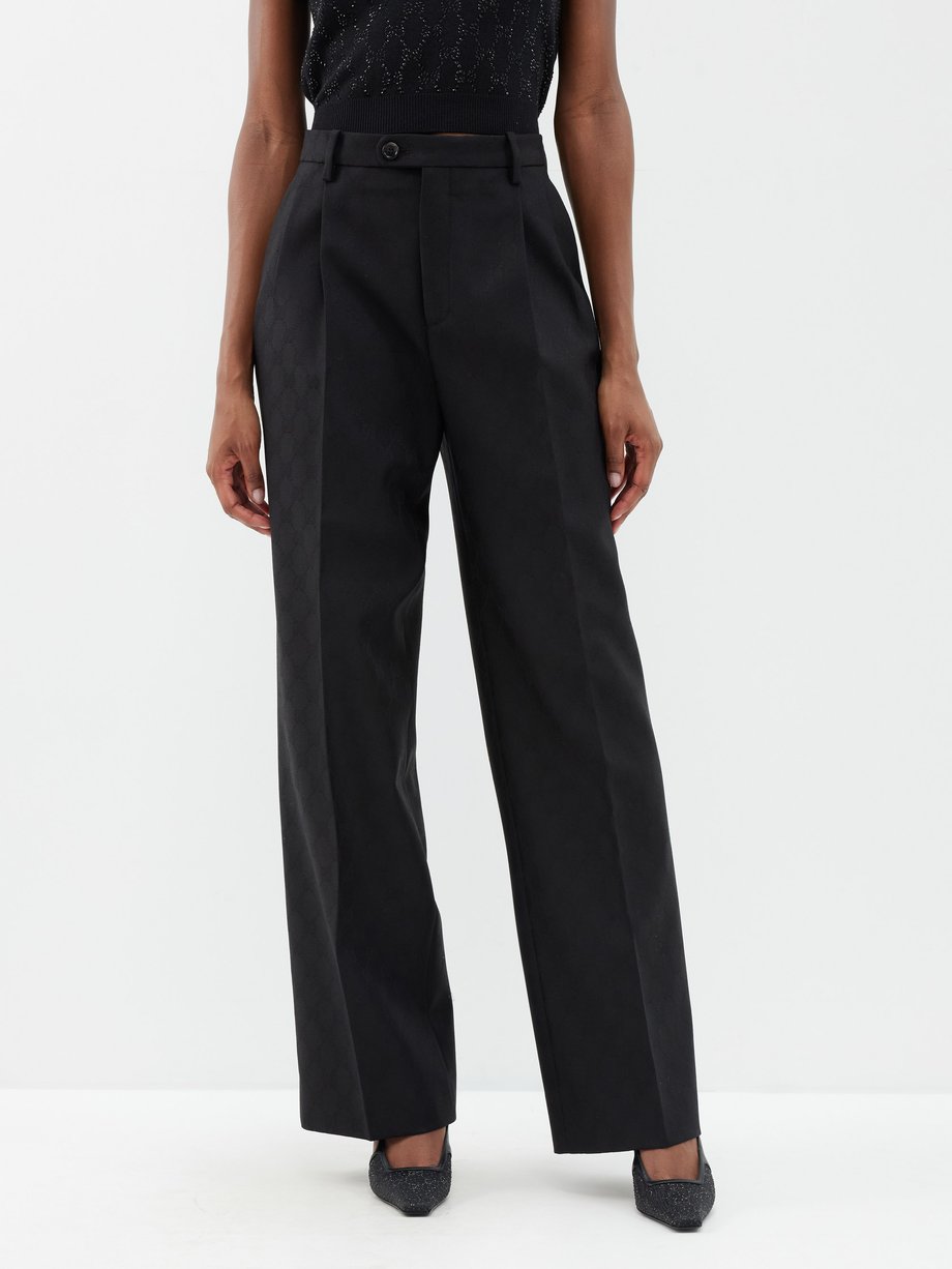 Black GG-jacquard pleated wool tailored trousers | Gucci | MATCHES UK