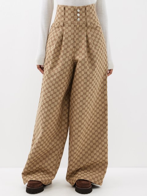 Beige GG-canvas cotton-blend wide-leg trousers | Gucci | MATCHES UK