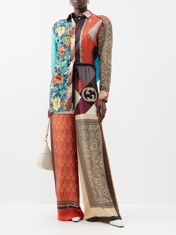 Multicoloured Heritage patchwork-print silk shirt | Gucci | MATCHES UK