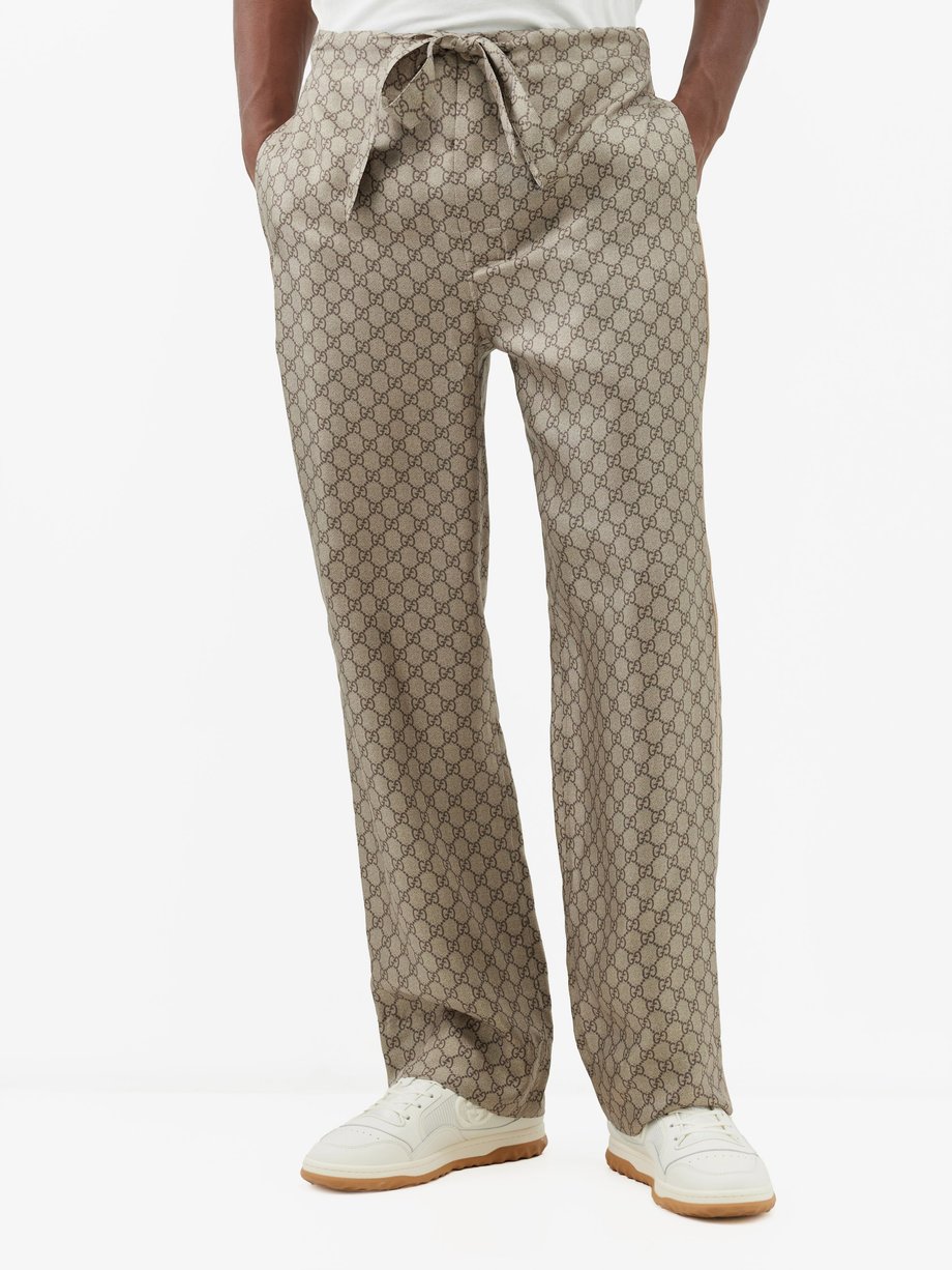 Beige GG Supreme-print silk trousers, Gucci