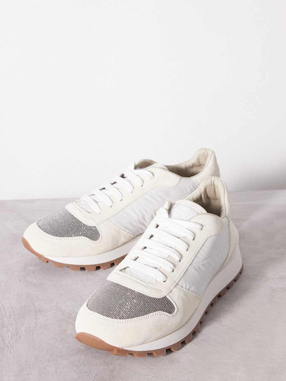 White Monili-embellished suede and mesh trainers | Brunello Cucinelli ...