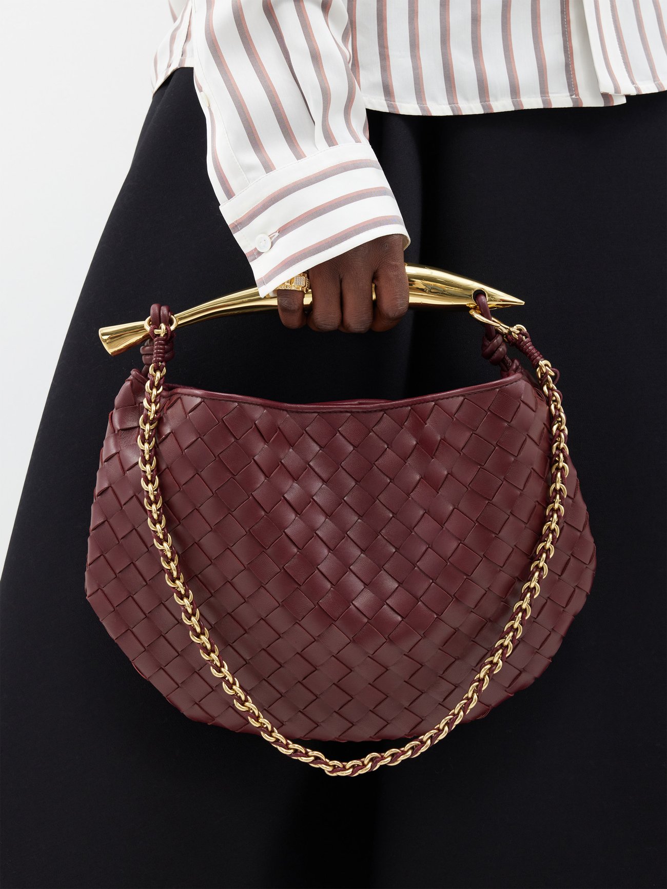 Brown Sardine metal-handle Intrecciato-leather bag, Bottega Veneta