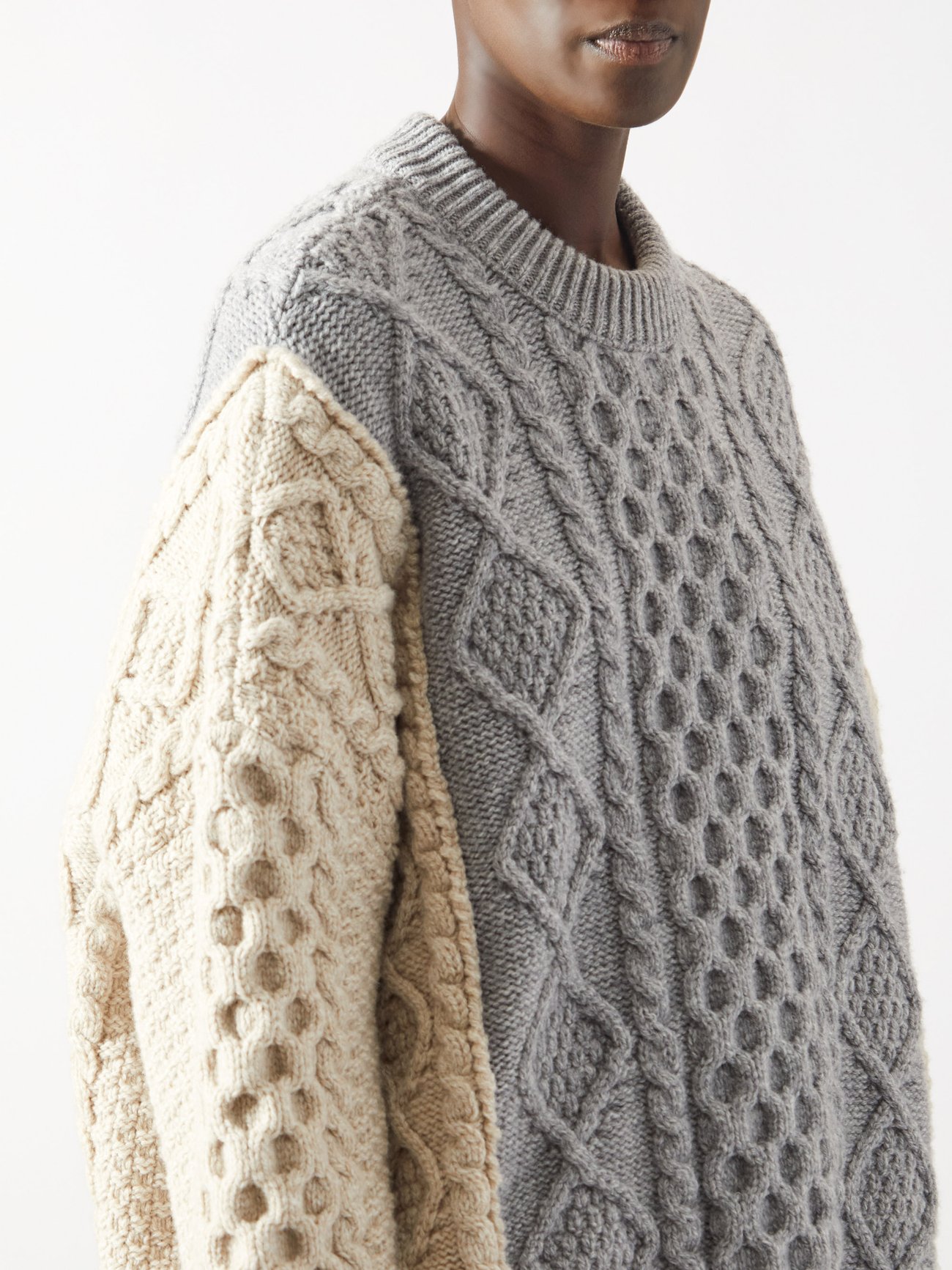 Aran patchwork cable-knit wool-blend sweater