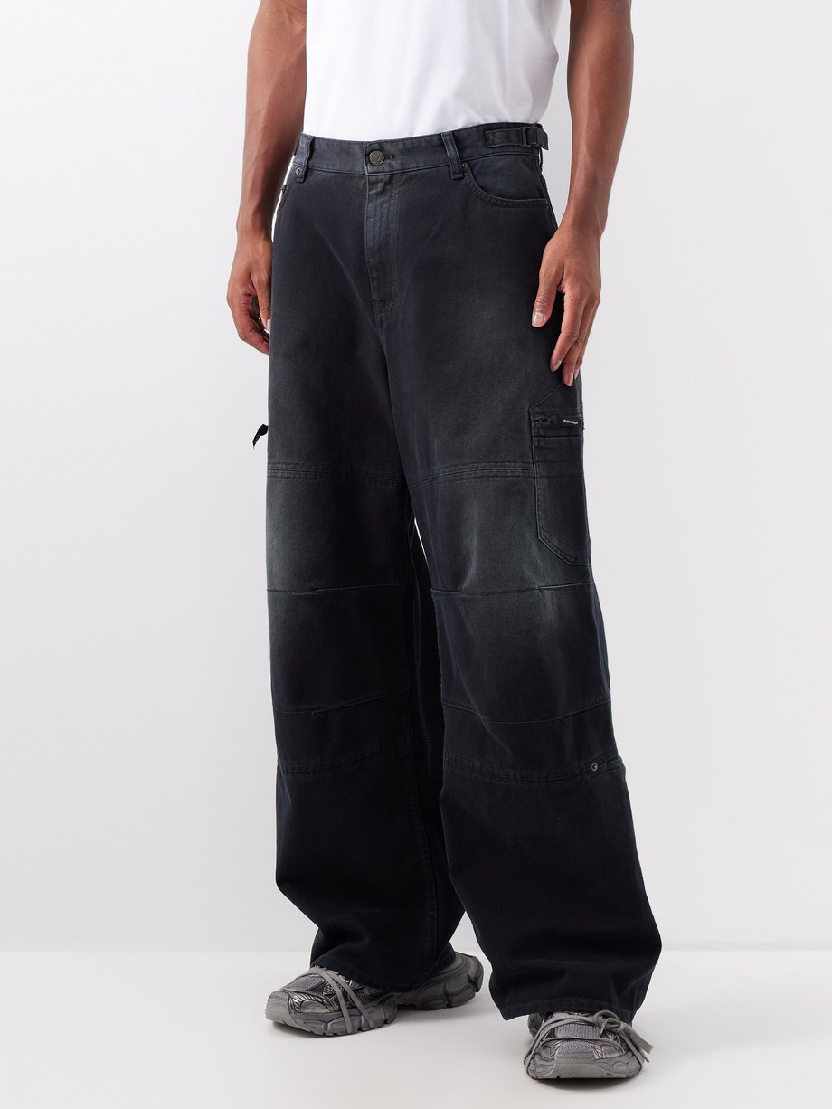 Washed Black Cargo Pocket Detail Wide Leg Jeans